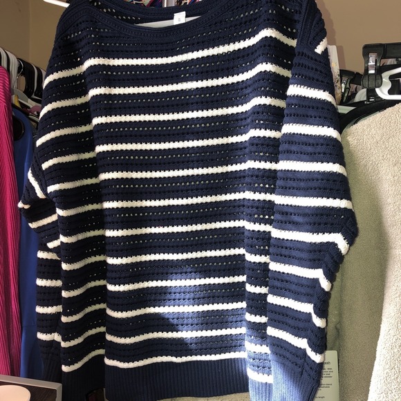 LULULEMON Cotton Crochet Mesh Pullover Sweater Navy Blue White Stripe XL NWT - Picture 11 of 14